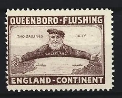 Reklamemarke S. M. Zeeland, Schifffahrten Queenboro-Flushing, Two Sailings Daily, Seemann mit ausgestreckten Armen