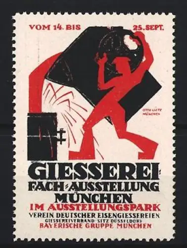 Reklamemarke München, Giesserei Fachausstellung, Verein Deutscher Eisengiessereien, Giesserfigur