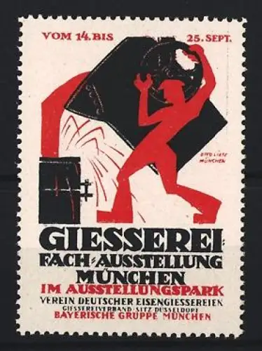 Reklamemarke München, Giesserei Fachausstellung, Verein Deutscher Eisengiessereien, Giesser mit Eimer