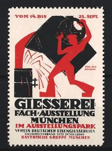 Reklamemarke München, Giesserei Fachausstellung, Verein Deutscher Eisengiessereien, Giesser bei der Arbeit