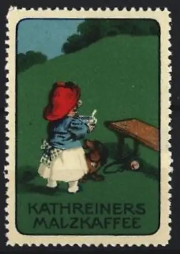 Reklamemarke Kathreiners Malzkaffee, Kind mit rotem Hut im Grünen