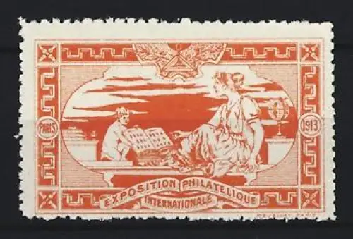 Reklamemarke Paris, Exposition Philatélique Internationale 1913, Frau mit Buch und Globus