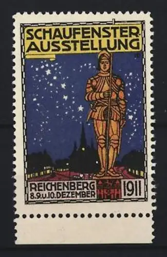 Reklamemarke Reichenberg, Schaufenster Ausstellung 1911, Ritterstatue