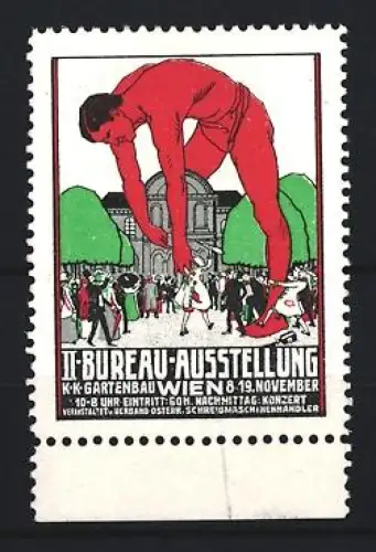 Reklamemarke Wien, II. Bureau-Ausstellung, Roter Riese über Menschenmenge