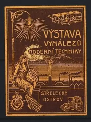 Reklamemarke Prag, Ausstellung der Erfindungen und modernen Technik 1909, Flugzeug und Ortsansicht