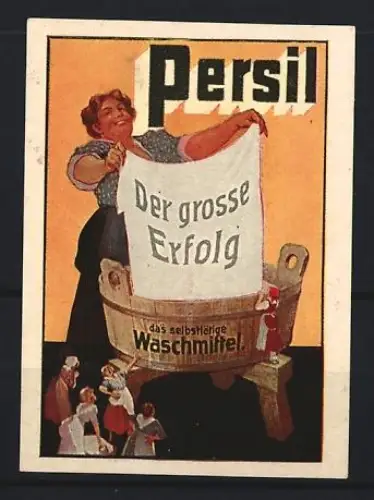 Reklamemarke Persil, Waschmittel, Lächelnde Frau mit Tuch am Waschzuber