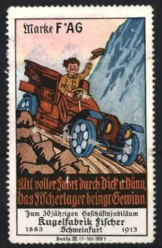 Reklamemarke Schweinfurt, Kugelfabrik Fischer, Auto auf Bergstrasse