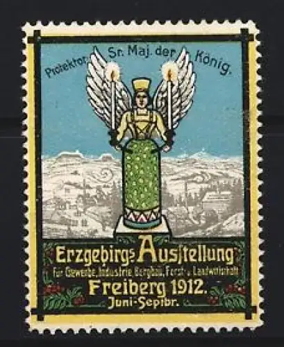 Reklamemarke Freiberg, Erzgebirgsausstellung für Gewerbe, Industrie, Bergbau 1912, Engel-Symbol
