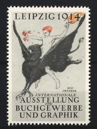 Reklamemarke Leipzig, Internationale Ausstellung für Buchgewerbe und Graphik 1914, Greif mit Mann