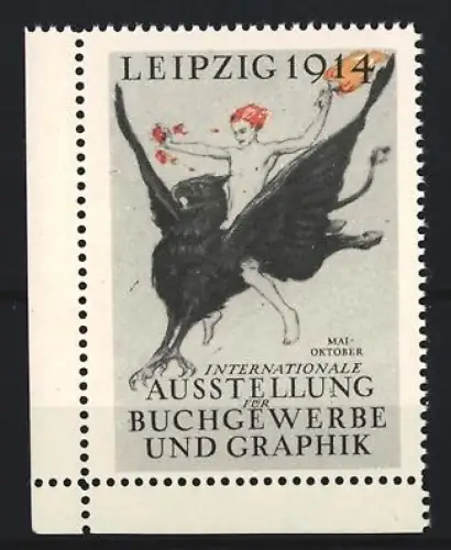 Reklamemarke Leipzig, Internationale Ausstellung für Buchgewerbe und Graphik 1914, Mann auf Greif