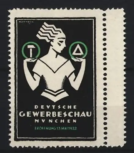 Reklamemarke München, Deutsche Gewerbeschau 1922, Frau mit Hammer und Winkelmass