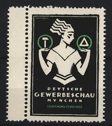 Reklamemarke München, Deutsche Gewerbeschau 1922, Frau mit Hammer