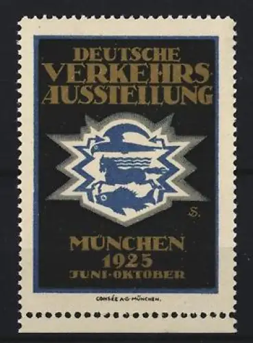 Reklamemarke München, Deutsche Verkehrs-Ausstellung 1925, Fisch, Pferd und Vogel