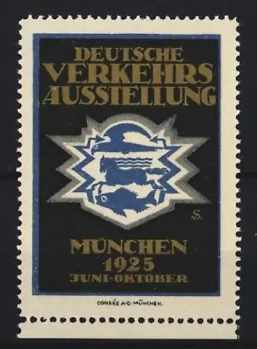 Reklamemarke München, Deutsche Verkehrsausstellung 1925, Pferd, Fisch und Vogel