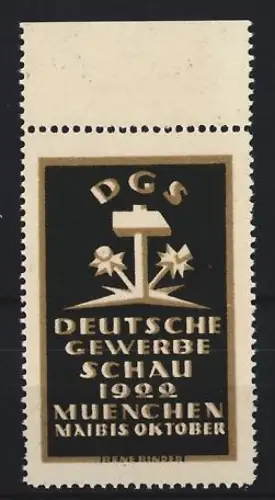 Künstler-Reklamemarke Rene Binder, München, Deutsche Gewerbeschau 1922, stilisierte Blumen und Hammer