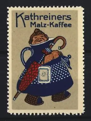 Reklamemarke Kathreiners Malz-Kaffee, Frau in Kaffeekanne