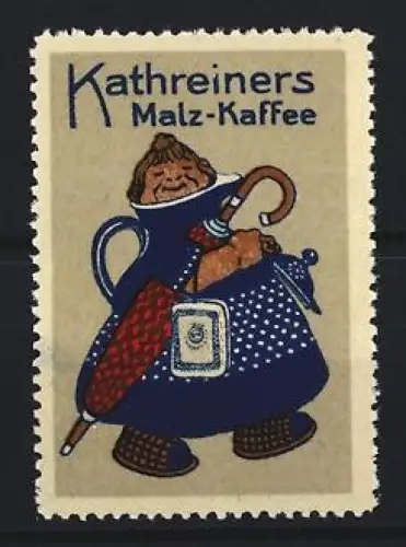 Reklamemarke Kathreiners Malz-Kaffee, Frau mit Kaffeekanne und Regenschirm