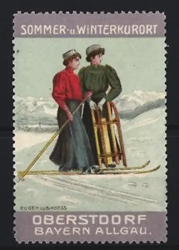 Künstler-Reklamemarke Eugen Lud. Hoess, Oberstdorf, Skifahrerinnen mit Schlitten