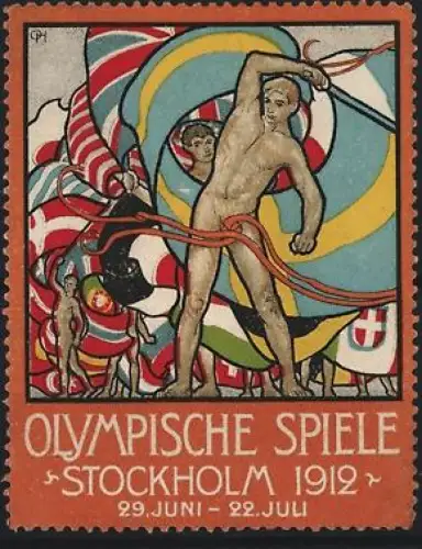 Reklamemarke Stockholm, Olympische Spiele 1912, Nackter Sportler mit Fahne