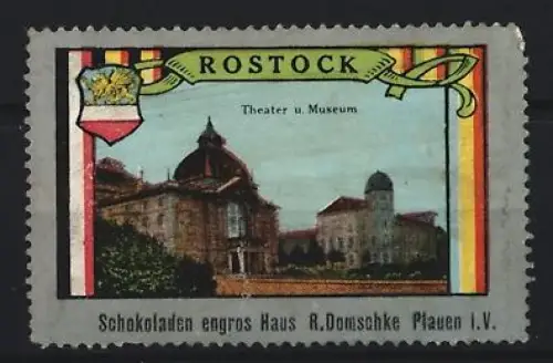 Reklamemarke Rostock, R. Domschke Schokoladen, Theater und Museum, Stadtwappen