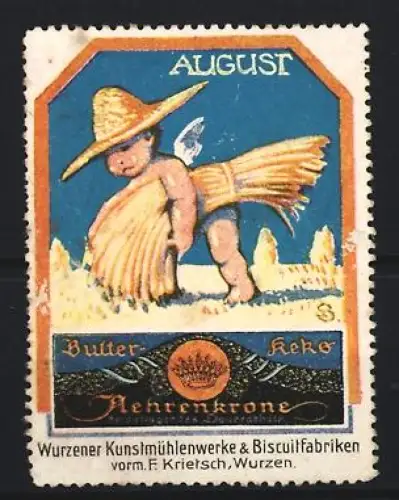 Reklamemarke Wurzen, Biscuitfabriken, Butterkeks Aehrenkrone, Engel bei der Ernte