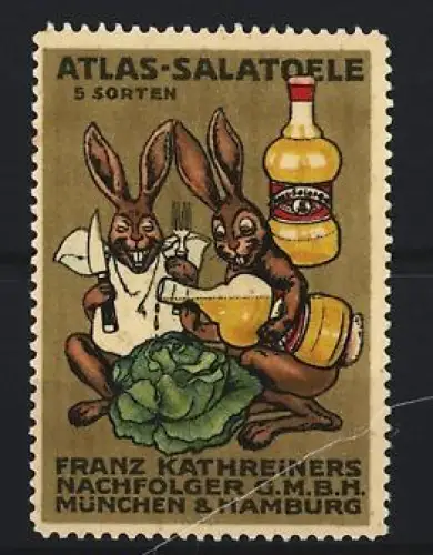 Reklamemarke München, Atlas-Salatöle, Hasen mit Gemüse und Salatölflasche
