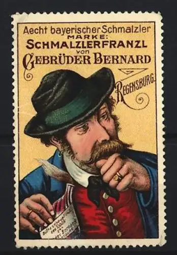 Reklamemarke Regensburg, Gebrüder Bernard, Aecht bayerischer Schmalzler, Mann mit Schnupftabak