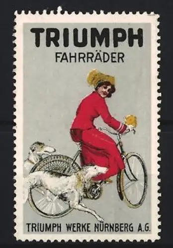Reklamemarke Nürnberg, Triumph Fahrräder, Frau auf Fahrrad mit Hunden