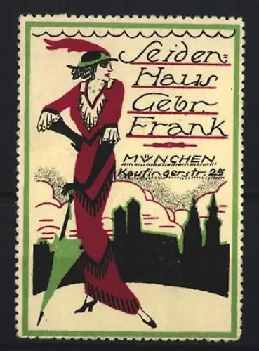 Reklamemarke München, Seiden Haus Gebr. Frank, elegante Frau im roten Kleid