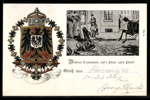 AK Preussisches Wappen, Reiter vom Pferd geworfen