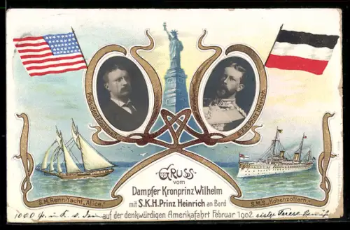 Lithographie Prinz Heinrich von Preussen & Präs. Roosevelt, SM Renn-Yacht Alice, SMS Hohenzollern