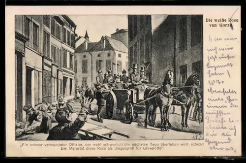 AK Die weisse Rose von Gorze, Schwer verwundeter Offizier schickt Kaiser Wilhelm I. Siegesgruss für Gravelotte
