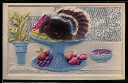 Präge-Airbrush-AK Truthahn auf einem Tisch angerichtet, Thanksgiving