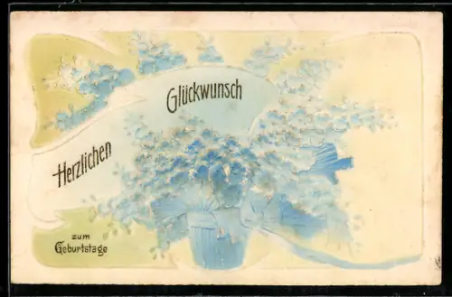 Präge-Airbrush-AK Blumenstrauss in einem Topf mit Schleife