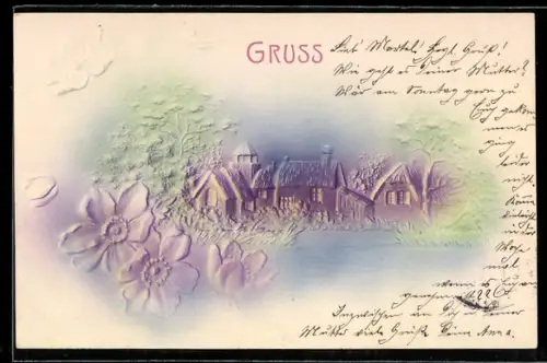 Präge-Airbrush-AK Idyllische Landschaft am Wasser mit Blumen