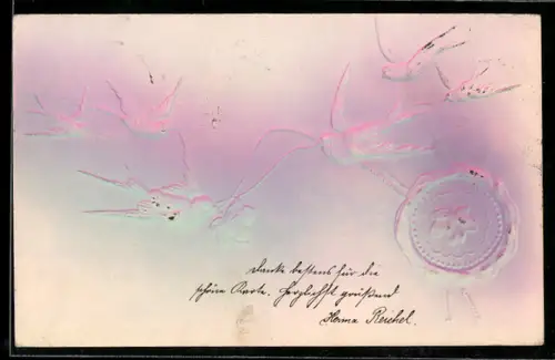 Präge-Airbrush-AK Schwalben mit Siegel