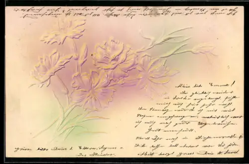 Präge-Airbrush-AK Lilane Blumen mit filigranen Blättern