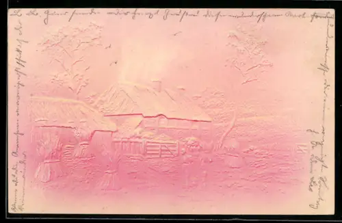 Präge-Airbrush-AK Getreidefeld vor einem Bauernhaus