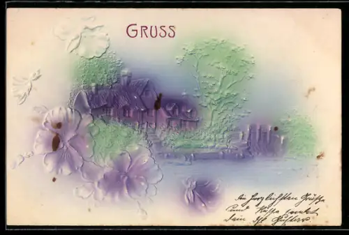 Präge-Airbrush-AK Wohnhaus umgeben von Bäumen, Lilane Blumen