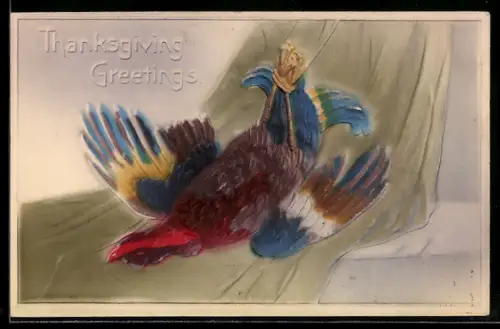 Präge-Airbrush-AK Truthahn auf einem Tuch liegend, Thanksgiving