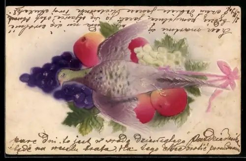 Präge-Airbrush-AK Truthahn mit Weintrauben und Früchten