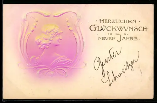 Präge-Airbrush-AK Porträt einer Dame mit filigranem Rahmen