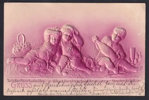 Präge-Airbrush-AK Drei Kinder mit Sektflasche auf einer Wiese