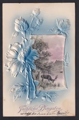 Präge-Airbrush-AK Flusspartie mit Rehen, Blaue Blumen in voller Blüte