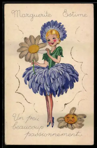 Oblaten-AK Mädchen zupft Blätter von einer Margerite ab