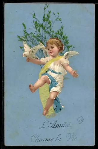 Oblaten-AK Kleiner Engel mit weisser Taube