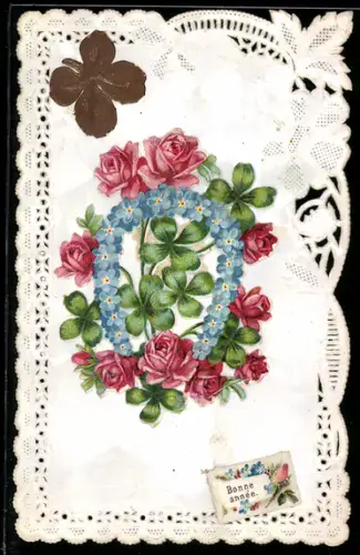 Oblaten-AK Blumenkranz mit Rosen und Vergissmeinnicht