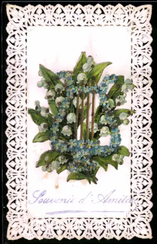 Oblaten-AK Maiglöckchen mit Harfe aus Vergissmeinnicht