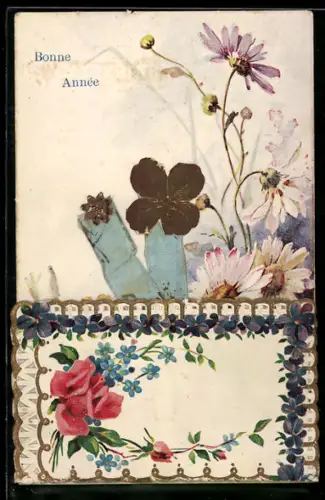 Oblaten-AK Blumen, Vergissmeinnicht und Klee