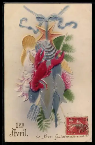 Oblaten-AK Hummer, Fisch und Muscheln, 1er Avril